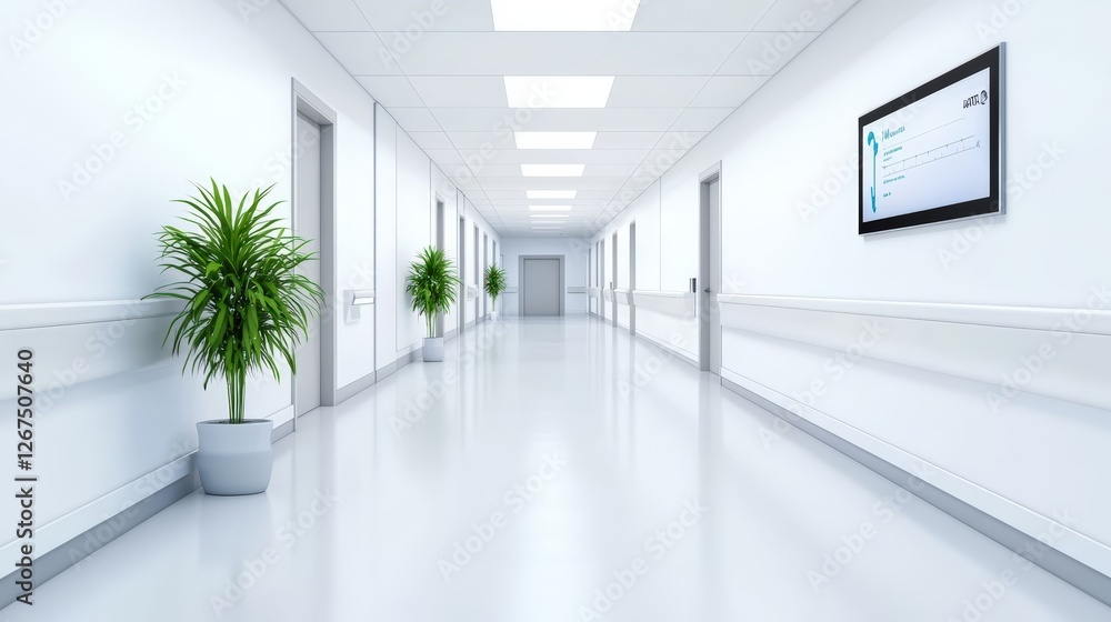 A clean, well-lit hospital corridor featuring potted plants and digital displays on the walls, conveying a sense of calm and professionalism. A clean, well-lit hospital corridor featuring potted plants and digital displays on the walls, conveying a sense of calm and professionalism.