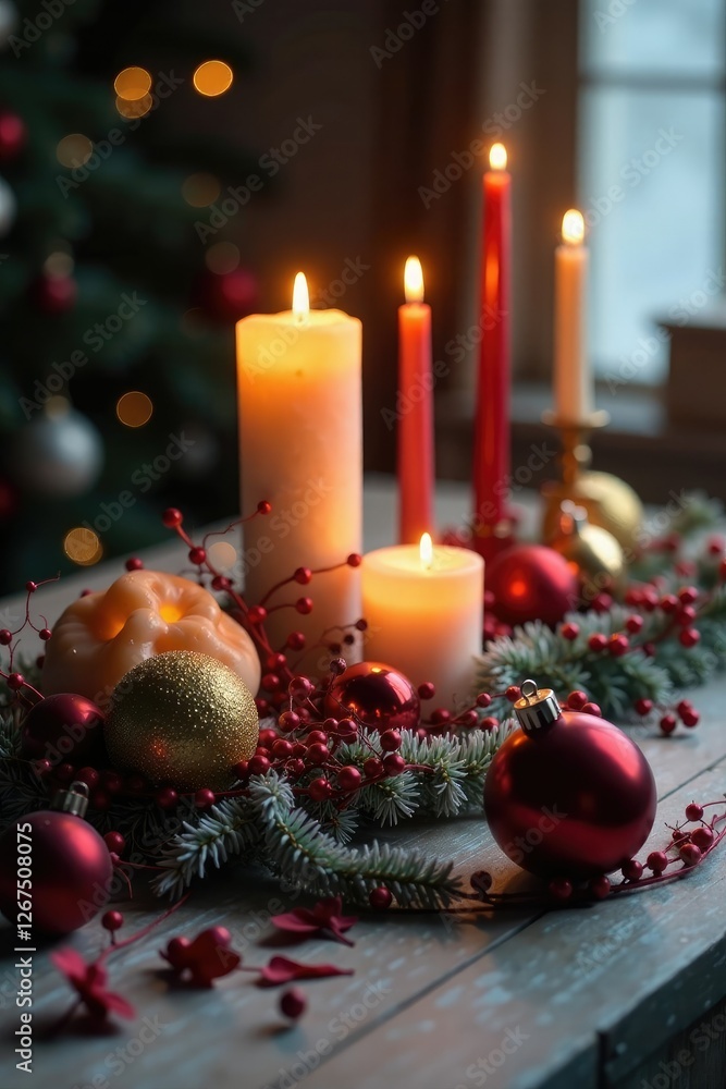 Candles and ornaments create a magical scene on the table, winter, magical