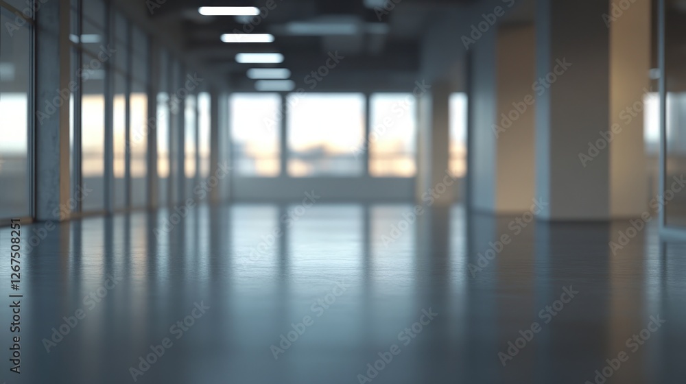 Fototapeta premium Modern office hallway sunset view, empty space