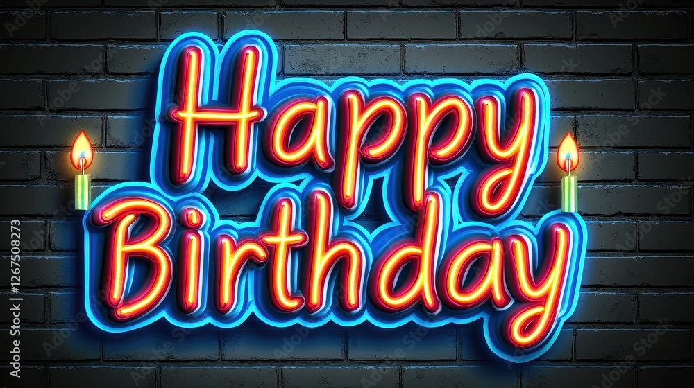Fototapeta premium Neon Happy Birthday Sign with Candles on Dark Brick Wall Background