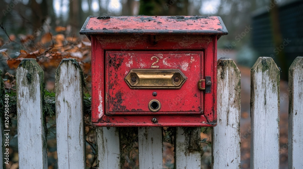 Rustic red mailbox on a weathered white picket fence in a wooded area Rustic red mailbox on a weathered white picket fence in a wooded area