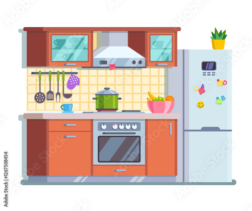 Kitchen with a yellow tile and a fridge. Modern flat style thin line vector illustration
