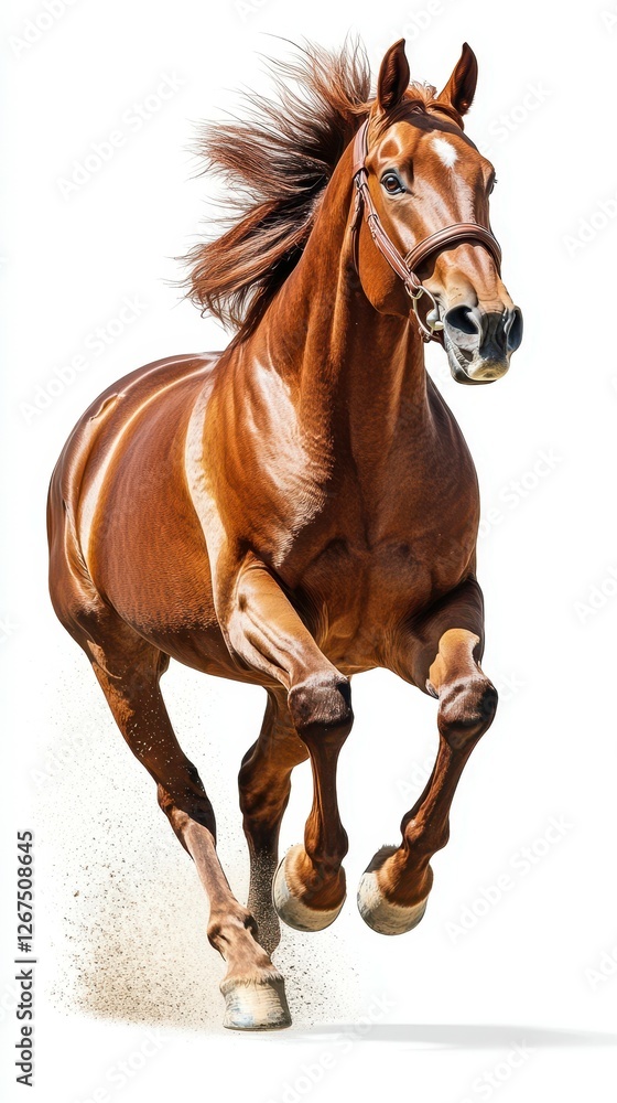 Powerful brown horse galloping across a sandy surface showcasing strength and grace in motion Powerful brown horse galloping across a sandy surface showcasing strength and grace in motion
