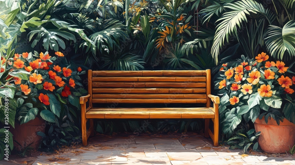 Wooden bench in lush tropical garden Wooden bench in lush tropical garden