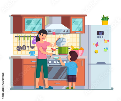 In the kitchen my mother gives the child a boiled sausage. Modern flat style thin line vector illustration