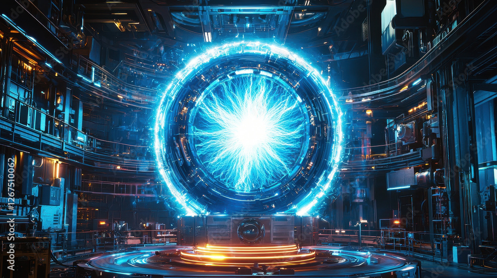 Futuristic nuclear fusion reactor with glowing plasma confined in a magnetic field in a high-tech environment Futuristic nuclear fusion reactor with glowing plasma confined in a magnetic field in a high-tech environment