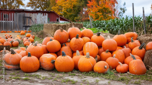 Harvested pumpkins in field with autumn foliage and hay bales. vibrant orange pumpkins create festive atmosphere, perfect for fall celebrations