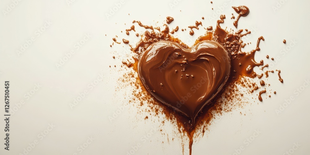 Chocolate heart shape with melted chocolate splatters on a light background Chocolate heart shape with melted chocolate splatters on a light background