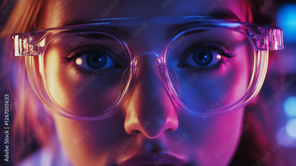The image is a close-up photograph of a woman's face wearing clear glasses. She is focused on something out of the frame, giving her an intense expression. Her hair is blonde and falls gently around h The image is a close-up photograph of a woman's face wearing clear glasses. She is focused on something out of the frame, giving her an intense expression. Her hair is blonde and falls gently around h