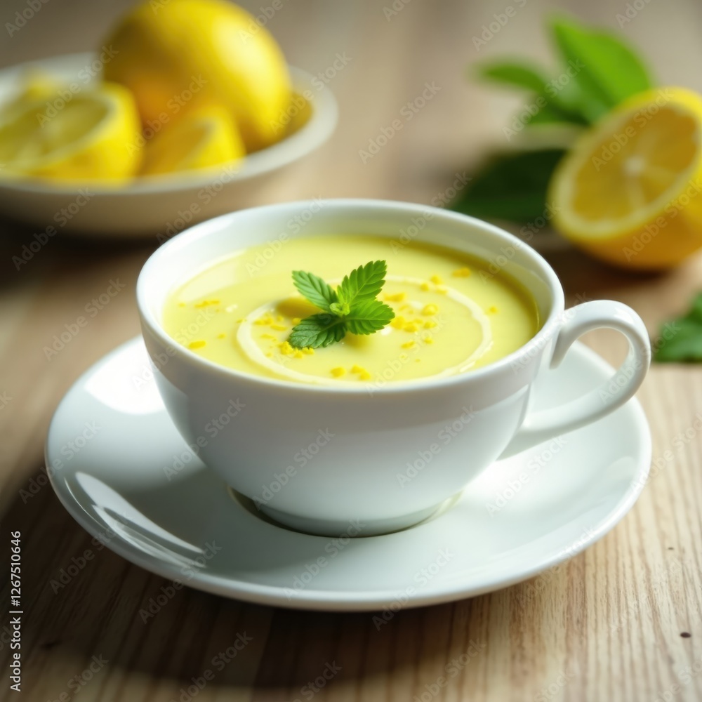 Light and airy courgette soup with lemon zest in a delicate white cup, light, lemon, meal Light and airy courgette soup with lemon zest in a delicate white cup, light, lemon, meal
