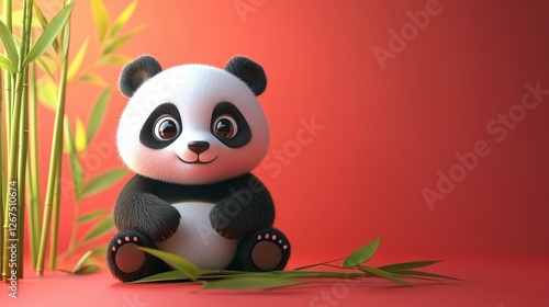 Cute cartoon panda sitting among bamboo shoots with red backdrop