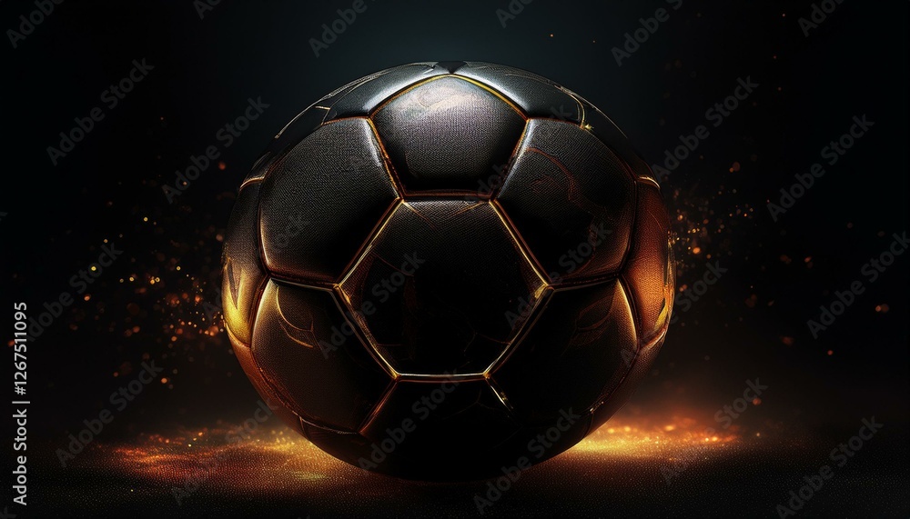 Fototapeta premium Black soccer ball against black background. Generated image