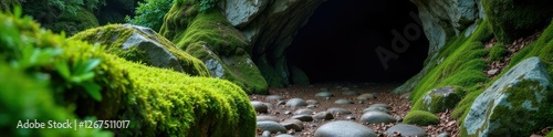 Moss-covered stones lead to hidden cave entrance, environment, geology