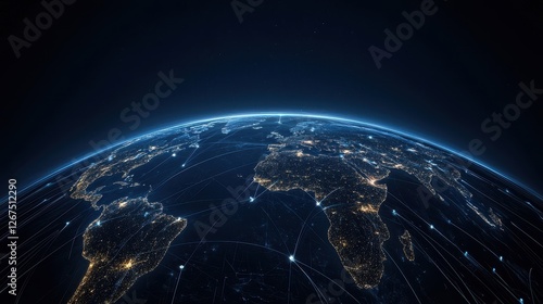 A digital view of Earth from space, showcasing illuminated continents against a dark background, highlighting urban areas and geographical features.
