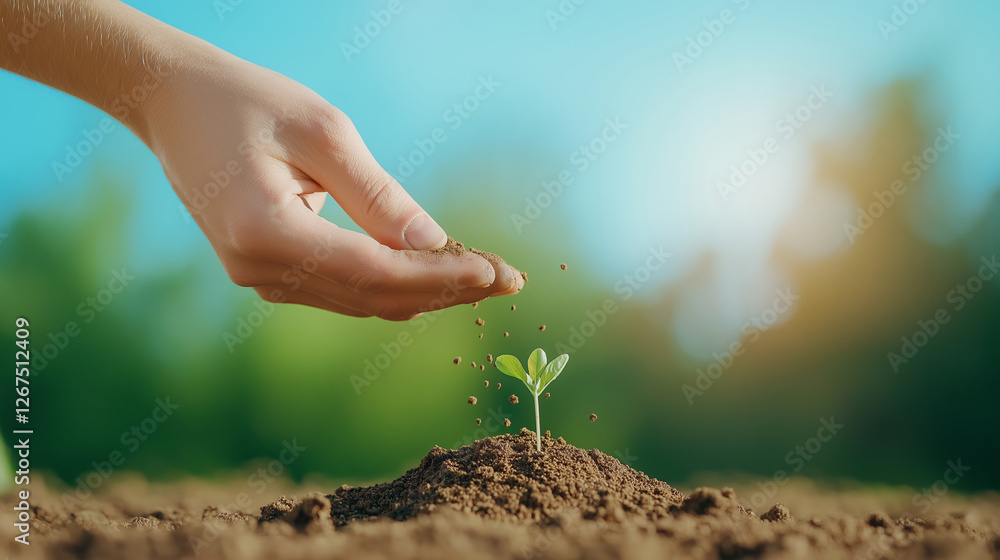 Fototapeta premium Nutrient rich soil is prepared as tiny seeds fall from a careful hand into fresh earth during planting season in a serene garden environment