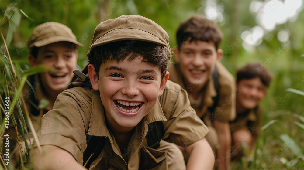 Boy scouts enjoying a playful moment as one scout gets stuck in a bush while chasing a rabbit in a lush green forest Boy scouts enjoying a playful moment as one scout gets stuck in a bush while chasing a rabbit in a lush green forest