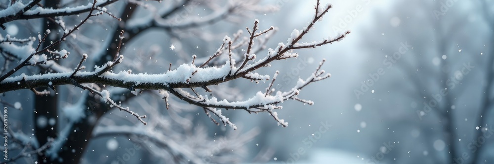 Softly falling snowflakes blanket the barren tree branches, serene, monochrome Softly falling snowflakes blanket the barren tree branches, serene, monochrome