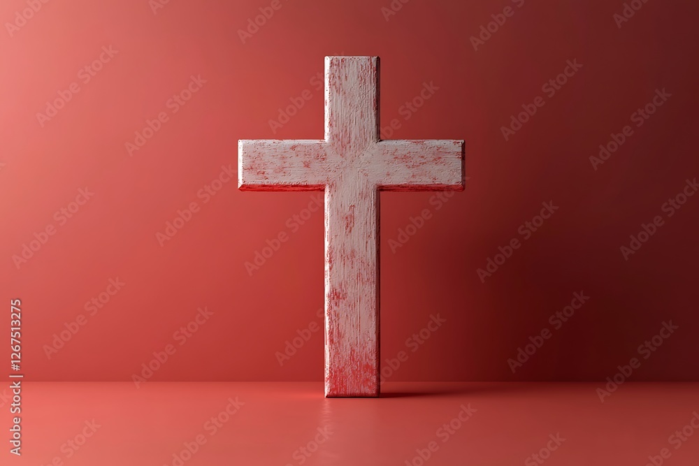 Naklejka premium Rustic wooden cross standing against a minimalist red background, evoking themes of faith and spirituality