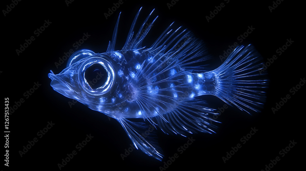 Bioluminescent Blue Fish with Large Eyes Glowing in the Dark Underwater Environment Deep Sea Creature Bioluminescent Blue Fish with Large Eyes Glowing in the Dark Underwater Environment Deep Sea Creature