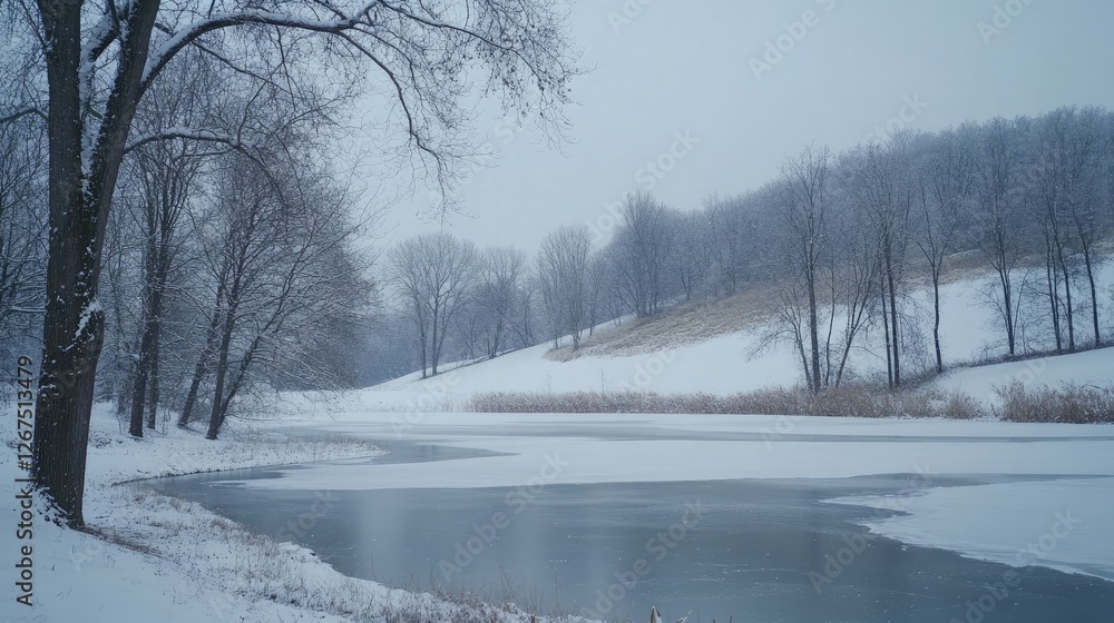 Fototapeta premium Frozen Winter Pond Surrounded by Snowy Trees
