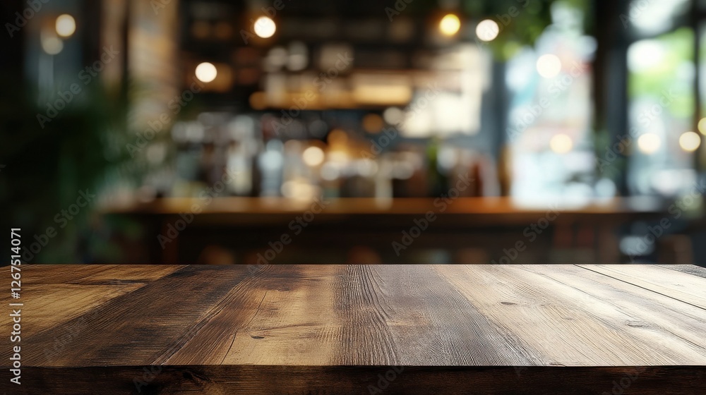 Creative blurry background with wooden desk and blurred cafe or restaurant interior. Mock up Creative blurry background with wooden desk and blurred cafe or restaurant interior. Mock up