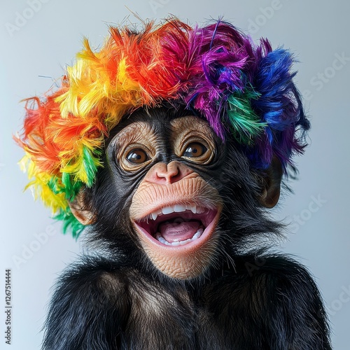 Cute baby monkey celebrates birthday in colorful rainbow wig joyful party atmosphere close-up photography