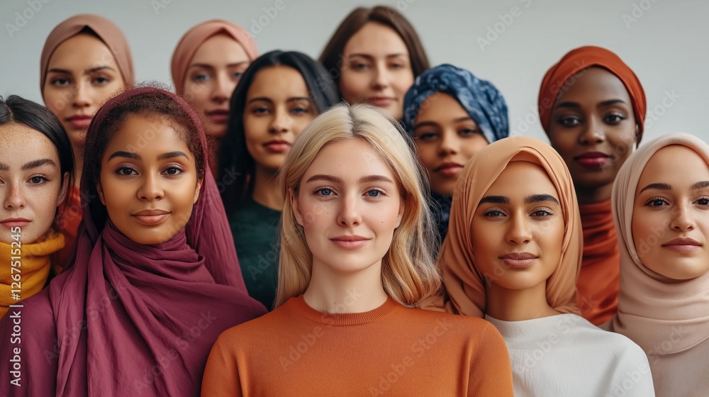 A diverse group of women, representing different cultures and ages, stands together, radiating joy and confidence. Each wears unique colors and styles, creating a harmonious blend A diverse group of women, representing different cultures and ages, stands together, radiating joy and confidence. Each wears unique colors and styles, creating a harmonious blend
