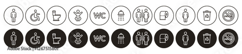 WC icon set, Toilet sign, containing bathroom, restroom, men and women, disabled, dumpster, toilet paper, infant, no smoking, shower, vector illustration