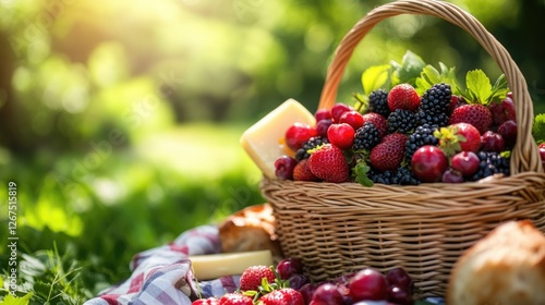 Summer picnic basket overflowing with fresh berries, cheese, and bread.