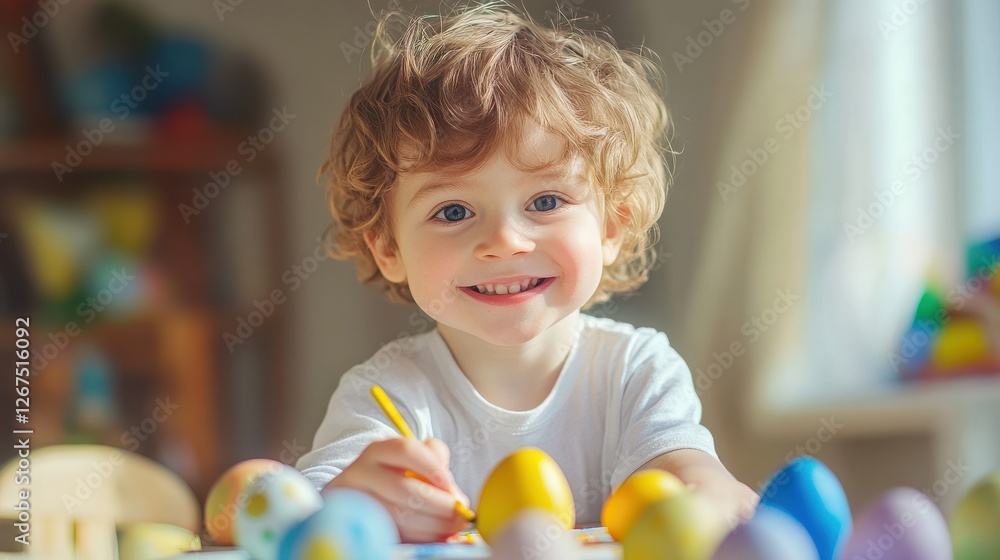 Fototapeta premium Cute little boy painting Easter eggs. Happy child with Easter eggs