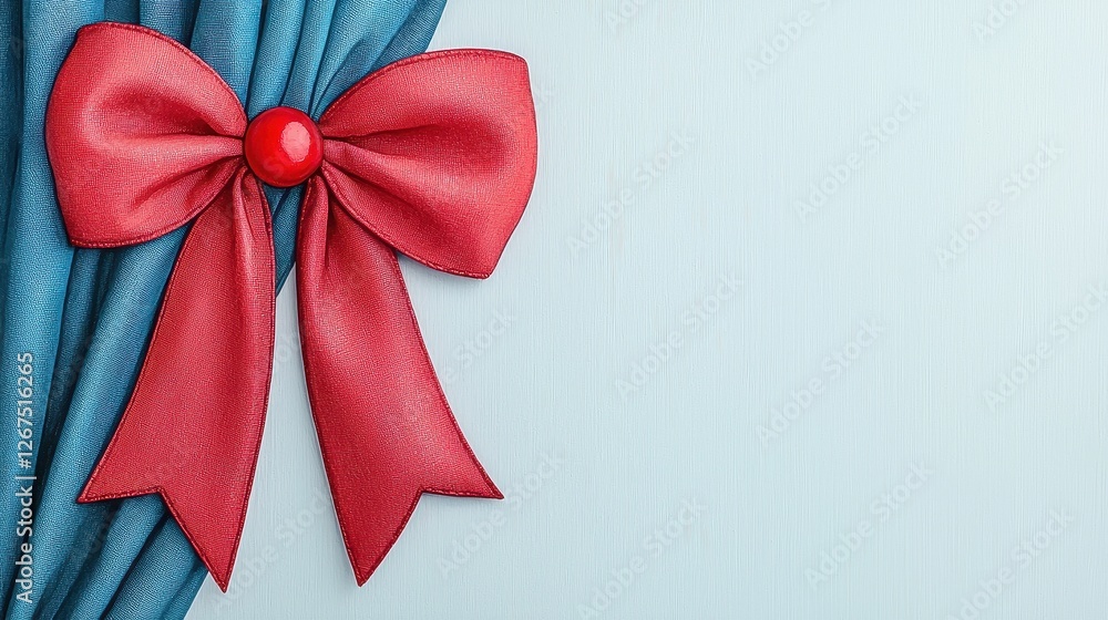 Red Bow on Blue Curtain with a Soft Background for Celebrations Red Bow on Blue Curtain with a Soft Background for Celebrations