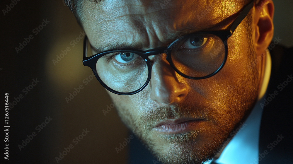 A serious man with glasses and a tie, leaning forward, his face filled with deep thought or concern. A serious man with glasses and a tie, leaning forward, his face filled with deep thought or concern.