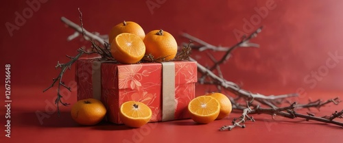 Wallpaper Mural Sunlit gift box featuring dried oranges and branches on a red background, nature, foliage Torontodigital.ca