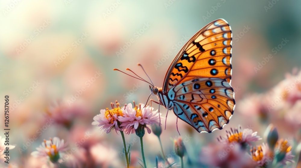 Beautiful butterfly on pink flowers in a garden at sunrise Beautiful butterfly on pink flowers in a garden at sunrise