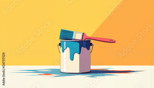 Paint can with brush ready for wall painting, repair work in progress, vibrant and creative atmosphere