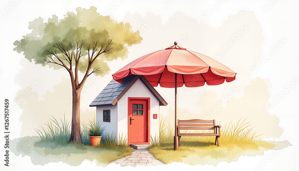 Hand-painted watercolor illustration of a cozy home with a large umbrella, warm and inviting tones, artistic composition