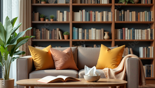 Warm and inviting therapy room with comfortable couch, psychology books in the background, serene atmosphere