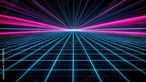 Retro Futuristic Grid with Neon Lights, Vibrant Pink and Blue Laser Beams, Digital Cyber Landscape, Classic 80s Aesthetic, Glowing Grid Lines, High-Tech Virtual Environment, Abstract and Dynamic Scene