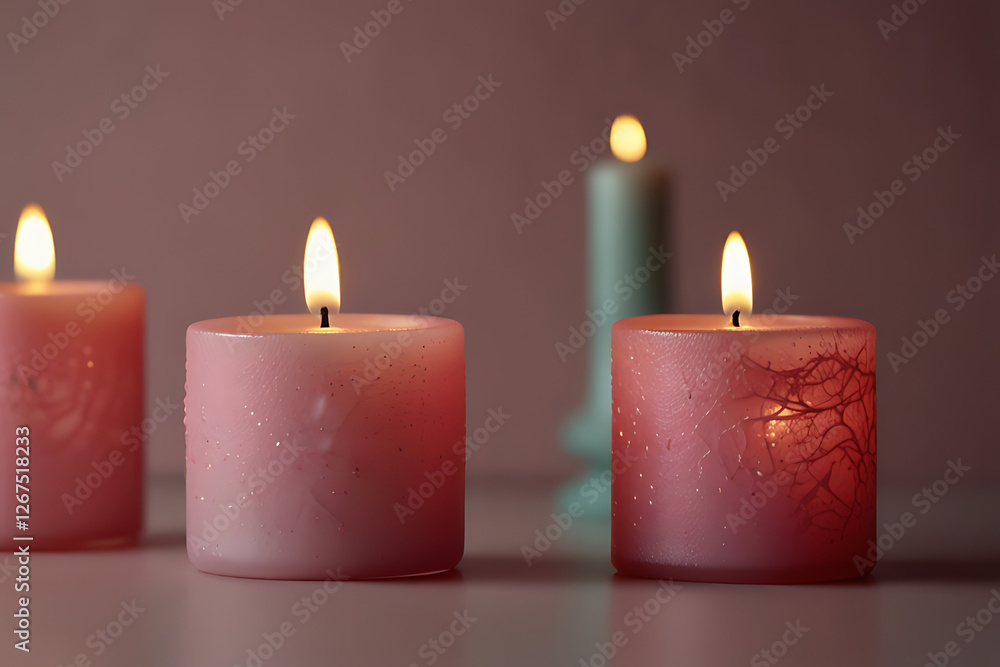 Pink burning candles on pink textured background. Pink burning candles on pink textured background.