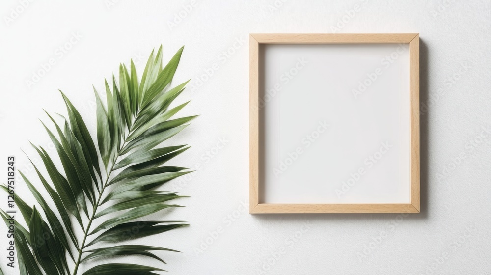 Palm leaf and empty frame on white. Mockup for design Palm leaf and empty frame on white. Mockup for design