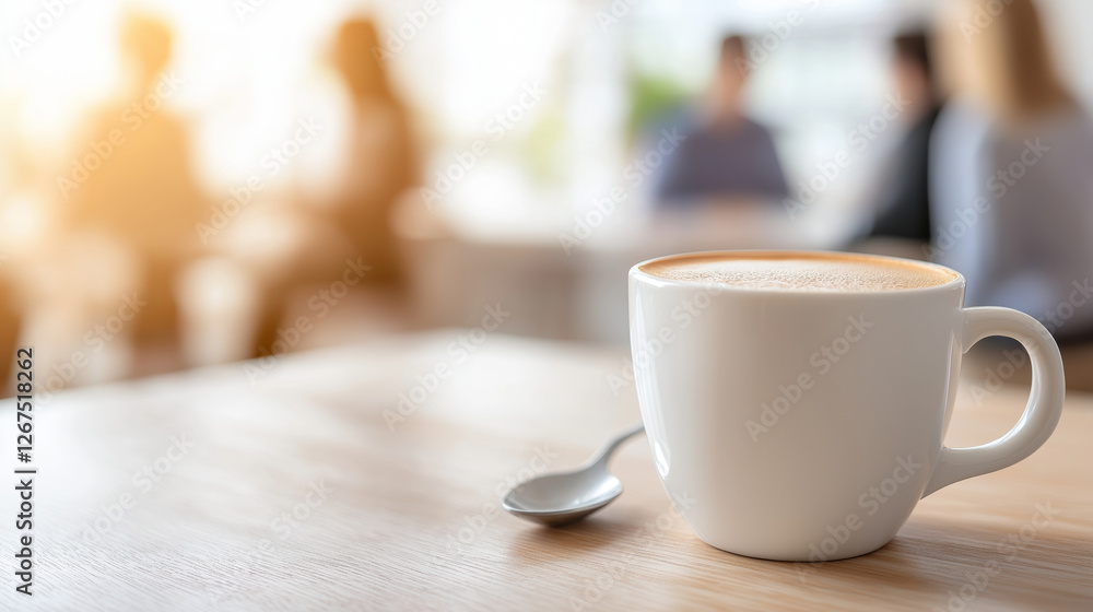 Espresso cup with a spoon in a bright office kitchen and coworkers chatting in the background during a morning break Espresso cup with a spoon in a bright office kitchen and coworkers chatting in the background during a morning break