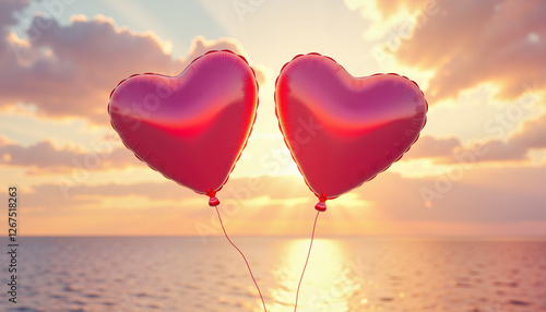 Two heart-shaped balloons drifting towards each other against a pastel sunset sky, warm light reflecting on them