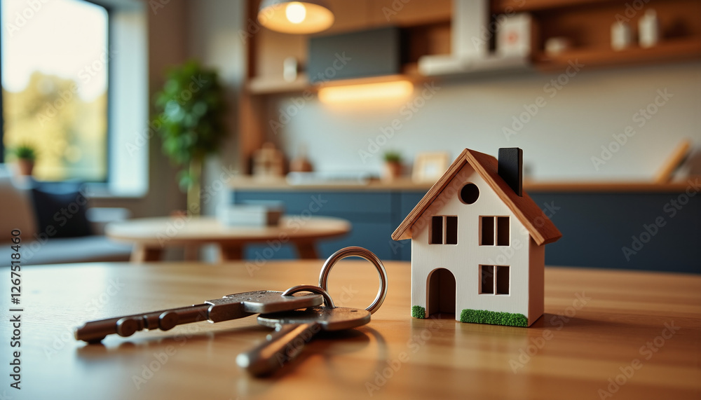 Key with a small house-shaped keychain on a wooden table, cozy home interior blurred in background, warm lighting
