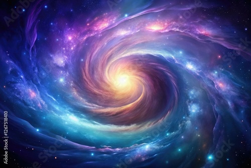 Swirling galaxy clouds with shades of purple and blue, planetary accretion, stardust, gravitational waves