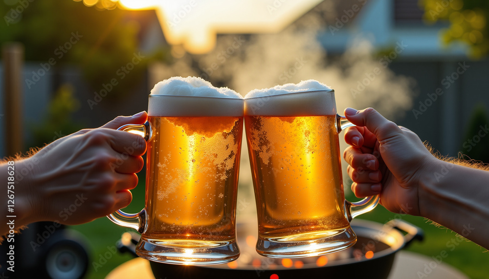 Two frosty mugs of beer raised in a toast, golden evening light with blurred backyard BBQ scene in the background