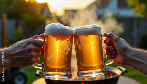 Obraz na płótnie Two frosty mugs of beer raised in a toast, golden evening light with blurred backyard BBQ scene in the background w salonie