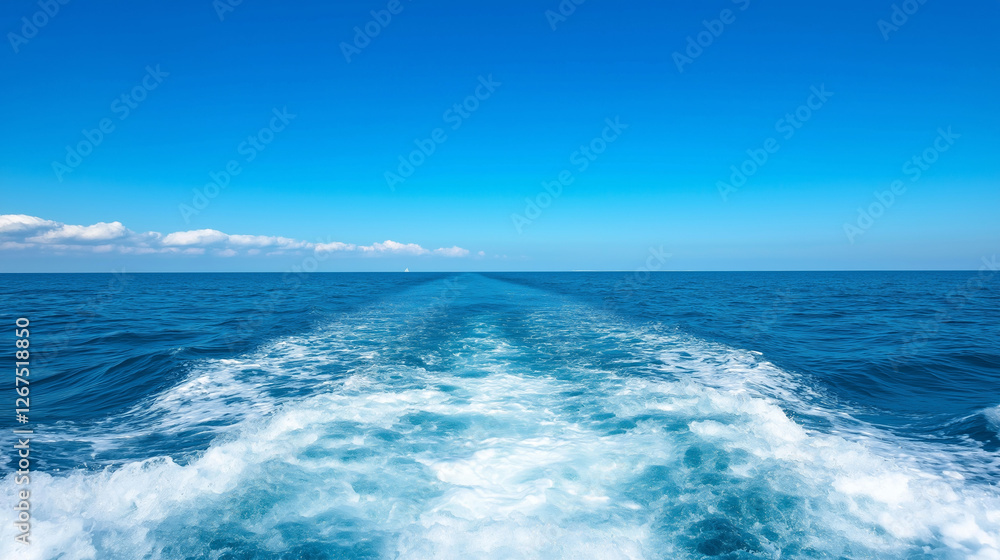 Fototapeta premium Perspective from a sailboat deck showing the wake trailing behind in a vast sea under a clear blue sky with soft white foam creating a sense of adventure and freedom