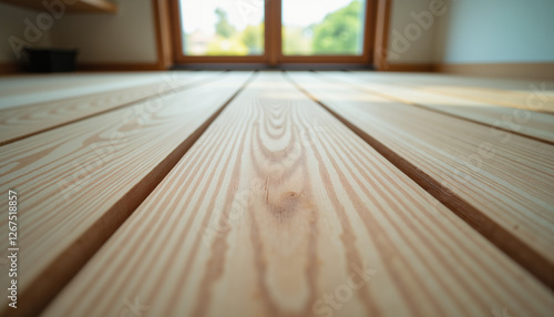 Close-up of wooden planks being aligned on a floor, precise gaps between them, installing wooden flooring
