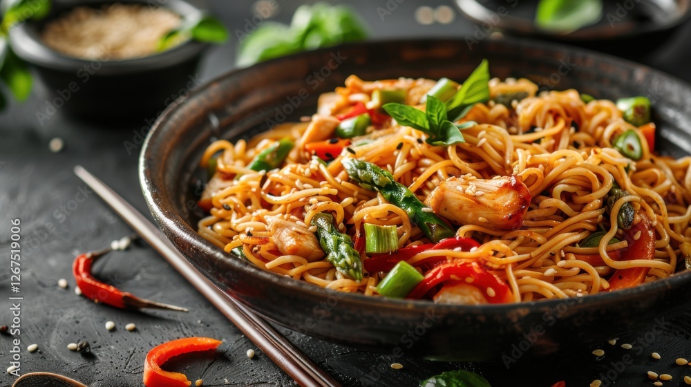 Satisfying noodles with chicken, asparagus, bell pepper, sesame seeds, and soy sauce on dark concrete background Satisfying noodles with chicken, asparagus, bell pepper, sesame seeds, and soy sauce on dark concrete background