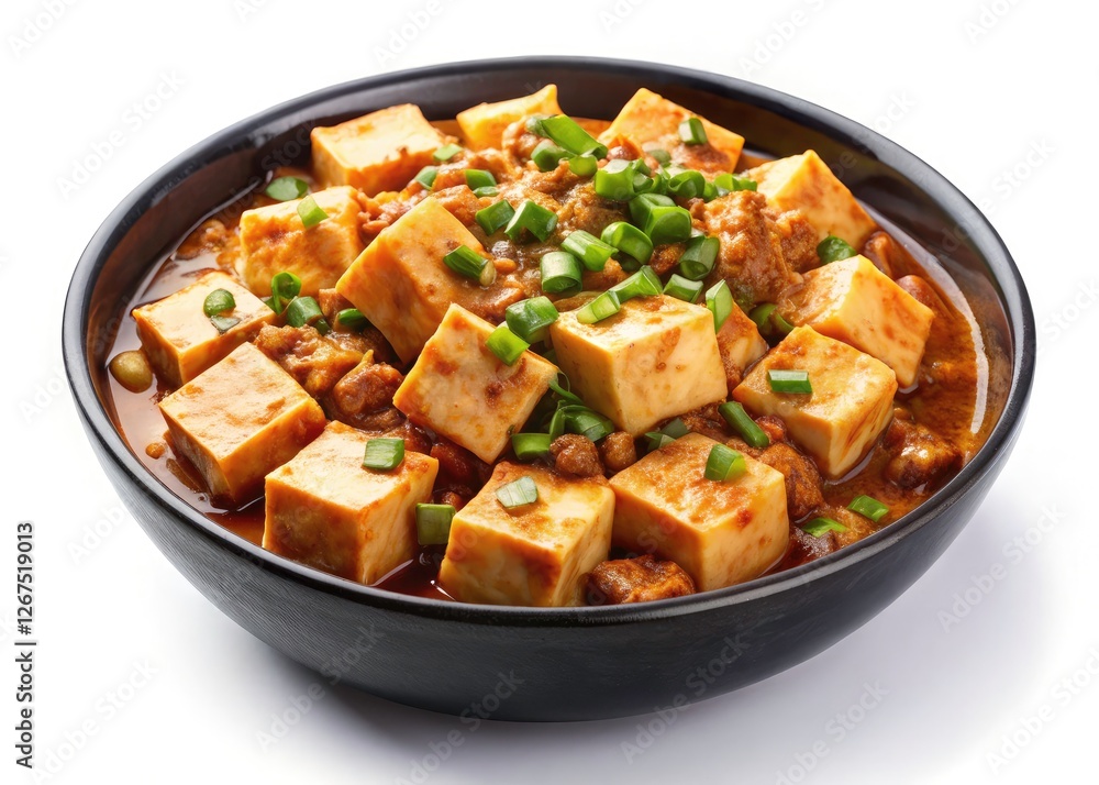 Isolated, styled Mapo Tofu; a spicy Sichuan dish captured in high-resolution with bokeh. Isolated, styled Mapo Tofu; a spicy Sichuan dish captured in high-resolution with bokeh.